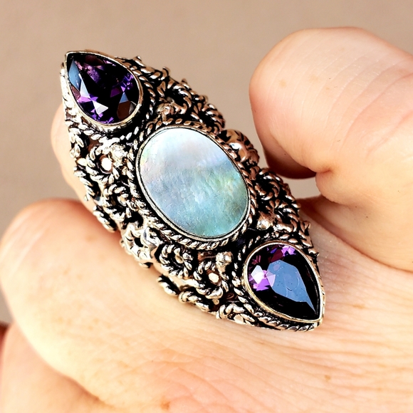 New Abalone Shell & Amethyst 925 Silver Statement Ring. - Picture 13 of 16
